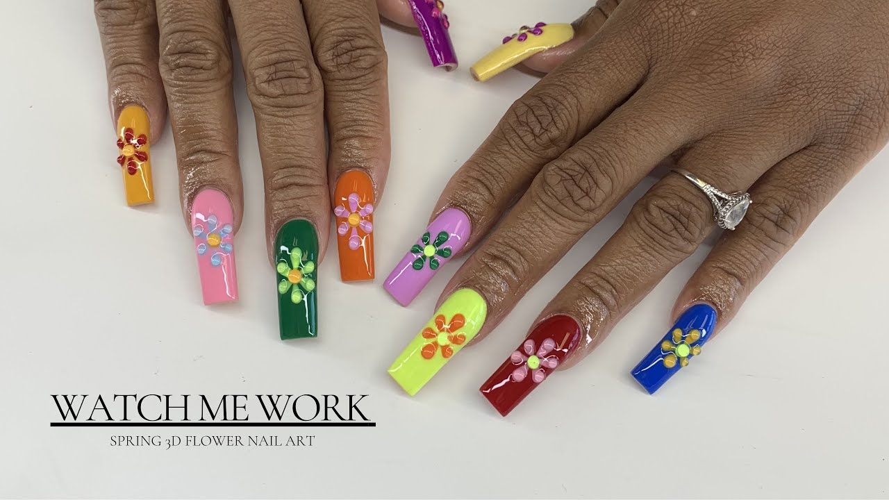 3D Flower Nail Art Tutorial | Colorful Spring Acrylic Nails 💅🏽