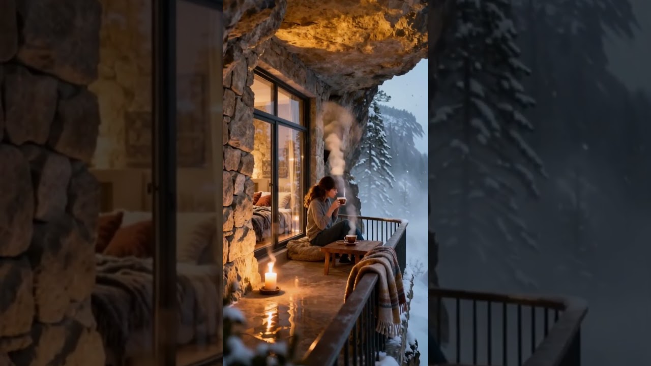 Cozy Cave Balcony Winter POV ❄️ | Snowstorm Hits & Tea Relaxation | 