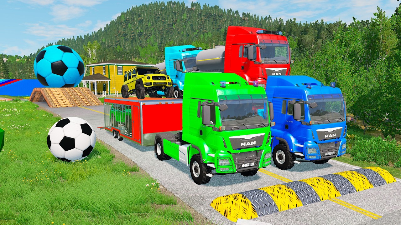 Triple Flatbed Trailer McQueen Transportation with Truck - Speedbumps vs Cars vs Train - BeamNG 0158