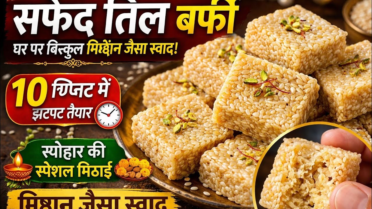 सफेद तिल बर्फी – घर पर बिल्कुल मिष्ठान जैसा स्वाद!Festival Sweet – White Sesame Barfi | Quick Desert