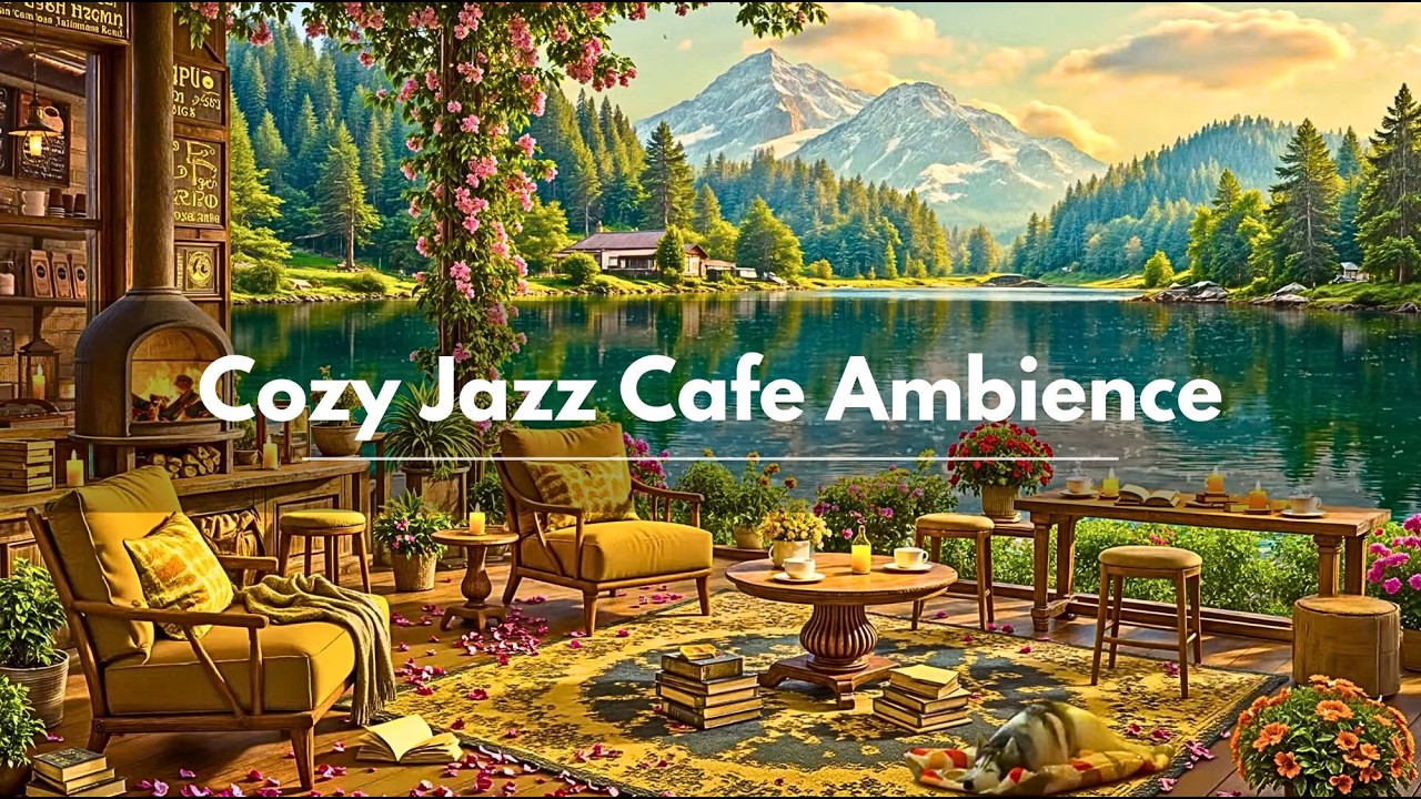 Peaceful Lake Terrace ☕ Cozy Jazz Cafe Ambience & Mountain View | CozyJazz