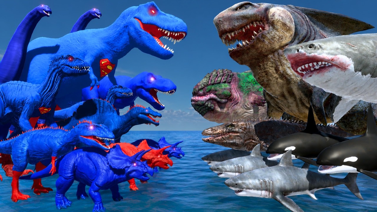Superman T-Rex vs Megalodon Rex Team | Underwater Arena Challenge | Animal Revolt Battle Simulator
