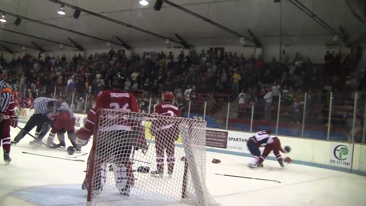 Des Moines Buccaneers vs. Dubuque Fighting Saints 2010-10-15 - Line Brawl and Goalie Fight!
