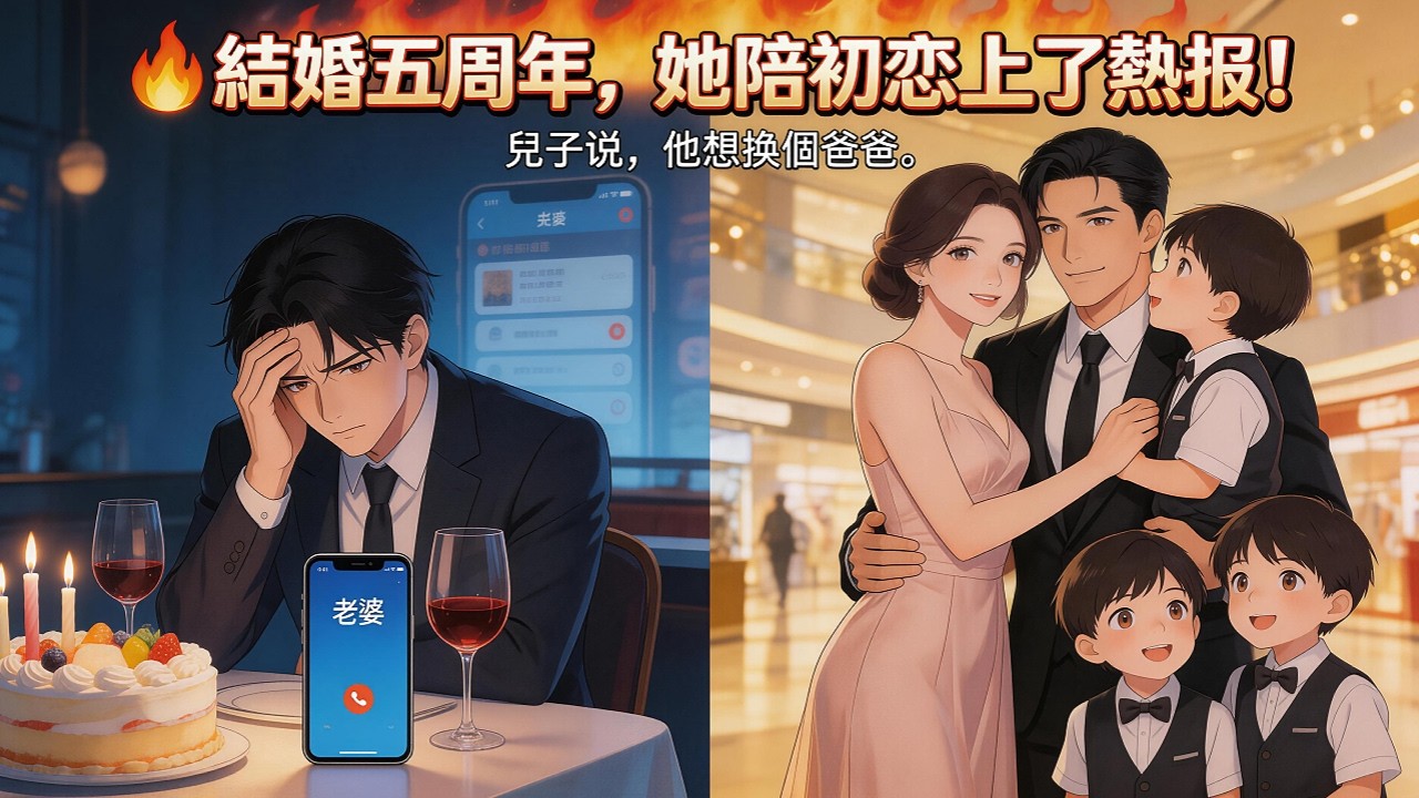 全集📢新番上线丨五周年我备烛光晚餐等她一夜，她却带双胞胎陪初恋上热搜！儿子当众喊他“爸爸”，还说想换个爸——这一刻，我彻底死心！#漫画動画 #小說 #漫画 #動漫 #動態漫