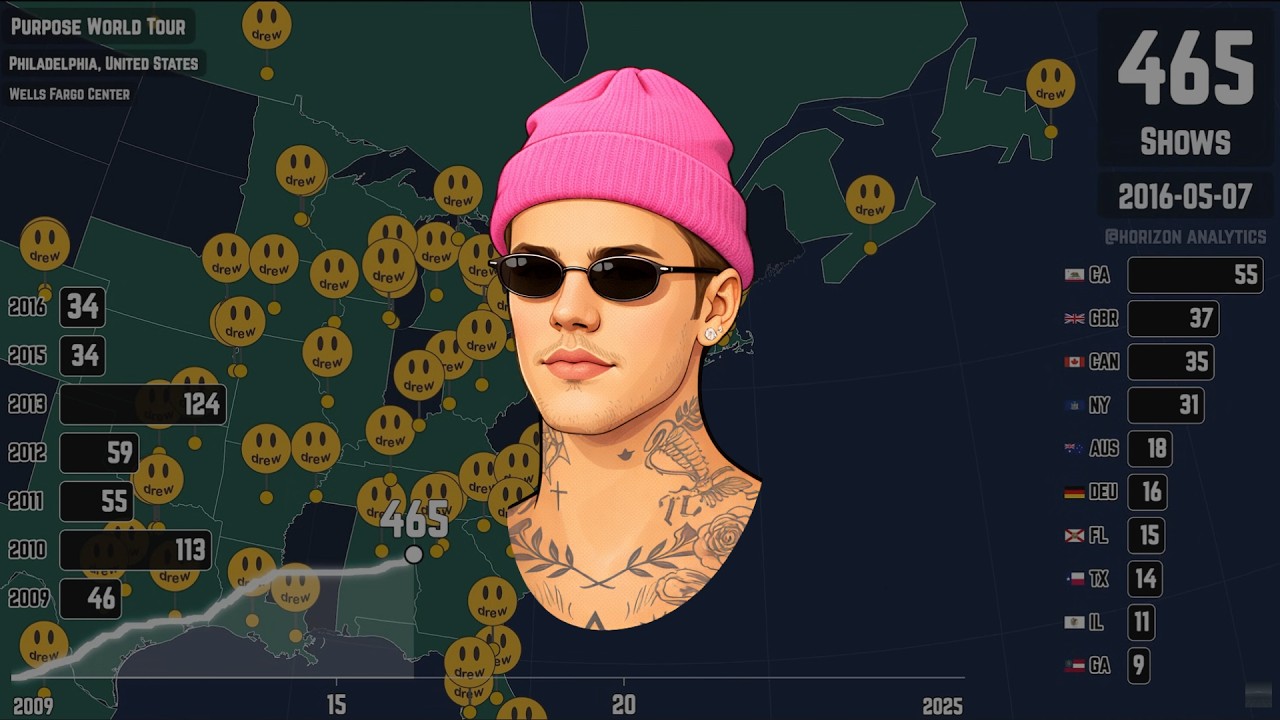 Every Justin Bieber Performance, Mapped (2009-2025)