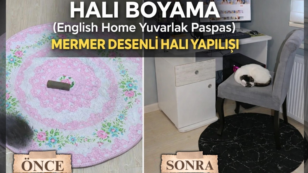 HALI BOYAMA (English Home Yuvarlak Paspas) MERMER DESENLİ HALI YAPILIŞI - DIY RECYCLE