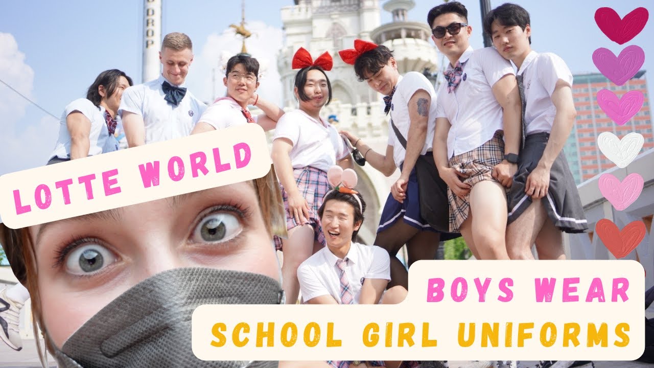A day in Lotte World - THE BOYS WEAR SCHOOL GIRL UNIFORMS!
