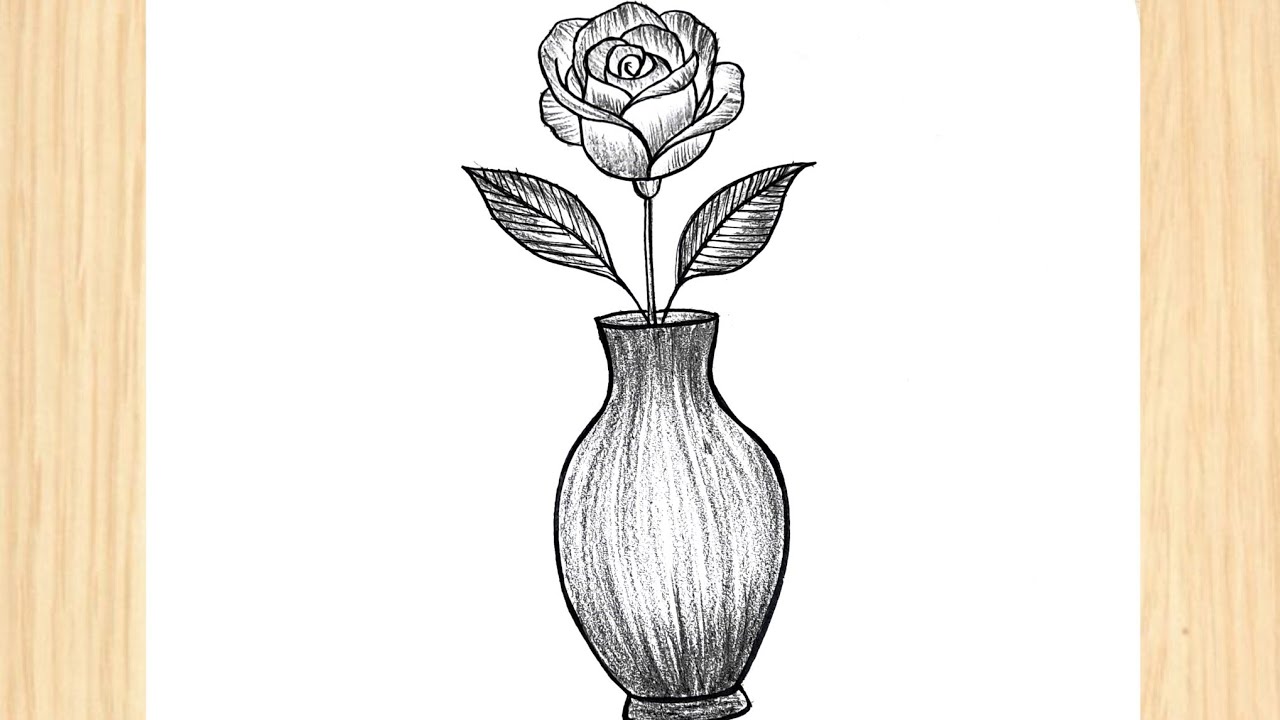 Easy and Simple Flower Pot Drawing | Flower Vase Drawing | How To Draw A Rose in A Vase