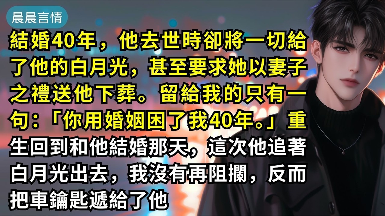 結婚40年，他去世時卻將一切給了他的白月光，甚至要求她以妻子之禮送他下葬。留給我的只有一句：「你用婚姻困了我40年。」重生回到和他結婚那天，這次他追著白月光出去，我沒有再阻攔，反而把車鑰匙遞給了他