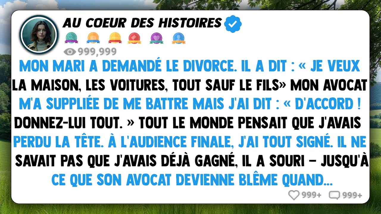 Mon mari a demandé le divorce. Il a dit : « je veux la maison, les voitures, tout sauf le fils »