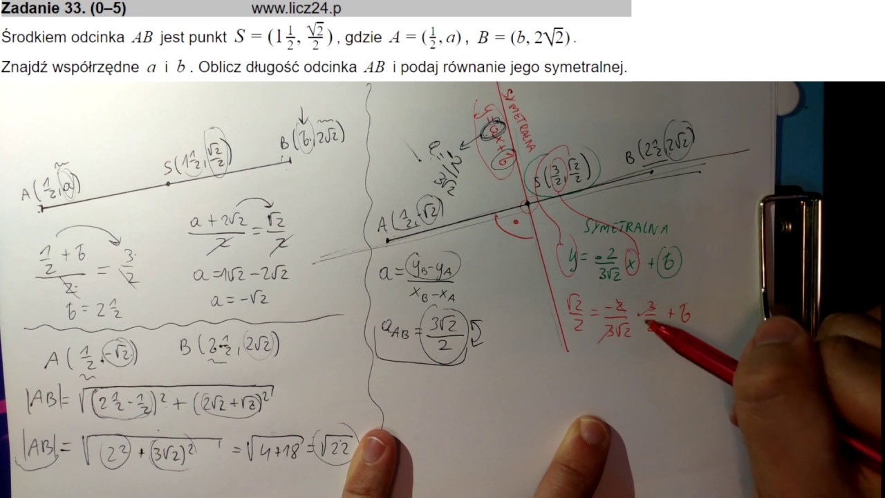 arkusz 1 [zad 33] środek i długość odcinka, symetralna za 5pkt