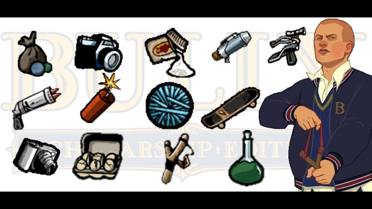 MOSTRANDO TODAS LAS ARMAS DE BULLY