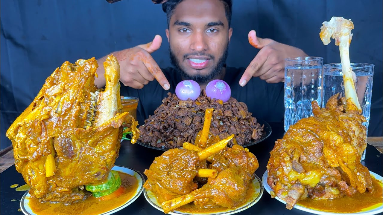 full mutton leg piece curry, full goat head curry,  mutton curry and boti curry with rice mukbang