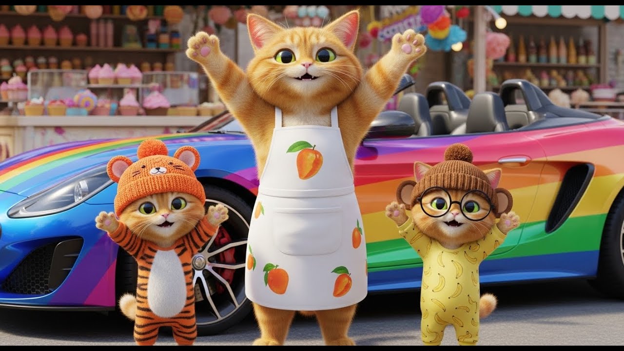Mama Cat and Twin Kittens Baking Sweets for Their Dream Car