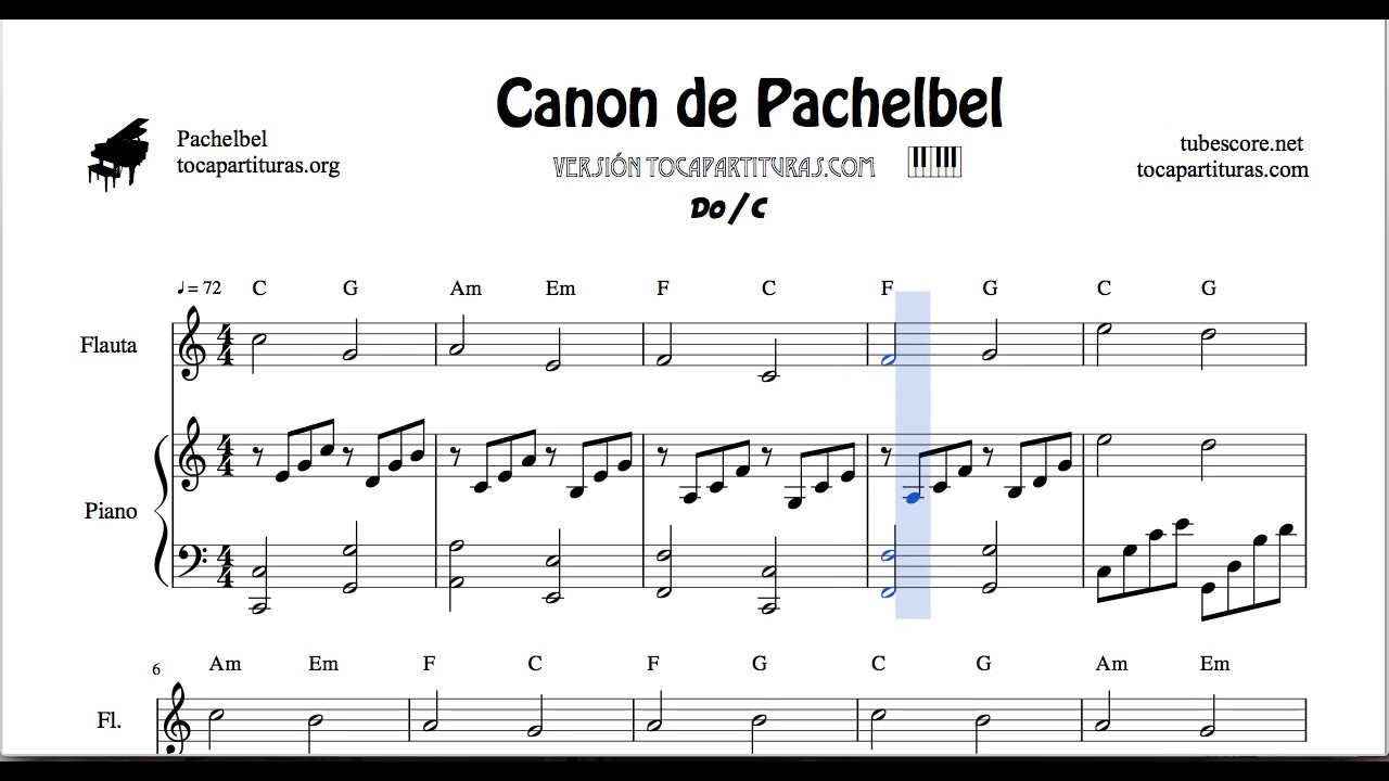 Pachelbel Canon in C Easy Sheet Music for Flute and Piano Duet