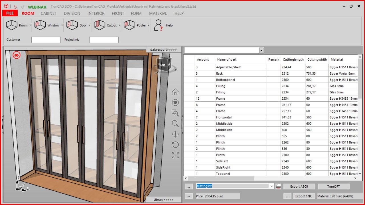TrunCAD 20XX | Dressing cupboard with glass frame doors