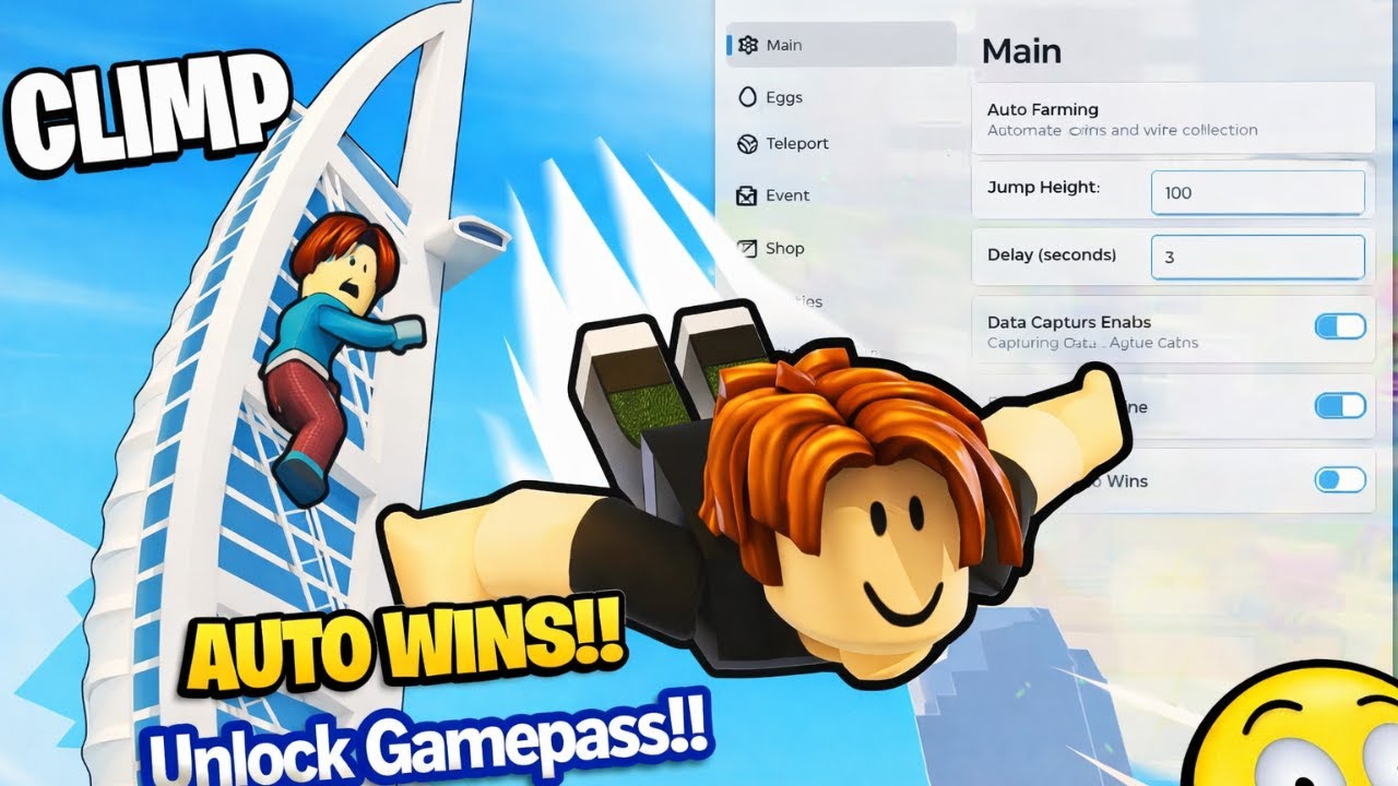 Script Climb and Jump Tower - Auto Coins, Auto Wins, Buy Wings, Auto Claim Event, Unlock Gamepass
