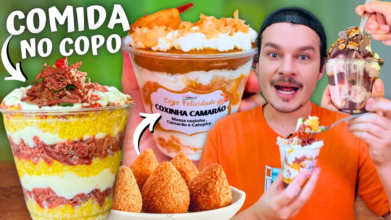 COPOS DE FELICIDADE COM SABORES DIFERENTES: COXINHA DE CAMARÃO, SNICKERS, CUSCUZ DE CARNE SECA