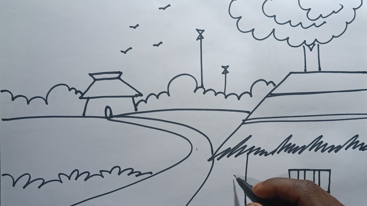সহজ ও সুন্দরভাবে গ্রামের প্রাকৃতিক দৃশ্য আঁকা | How to draw beautiful village landscape 