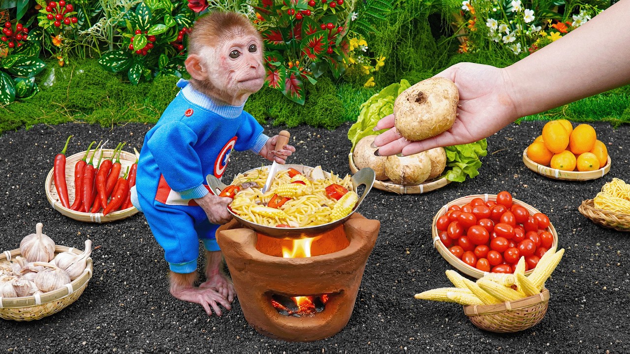 Monkey Xuka picks vegetables at the farm to help his sister make vegetable noodle soup for lunch!