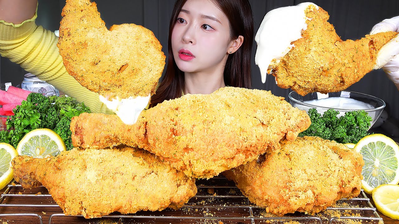ASMR MUKBANG | Домашняя хрустящая жареная курица🍗 Жареные куриные бедра с сыром 💛