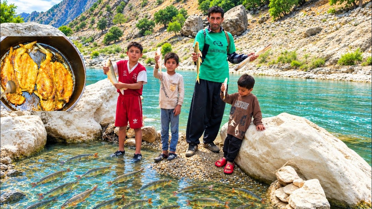 🎣 Fishing in the wild river of Khersan | The real life of nomads in the heart of the mountains 🏕️🔥