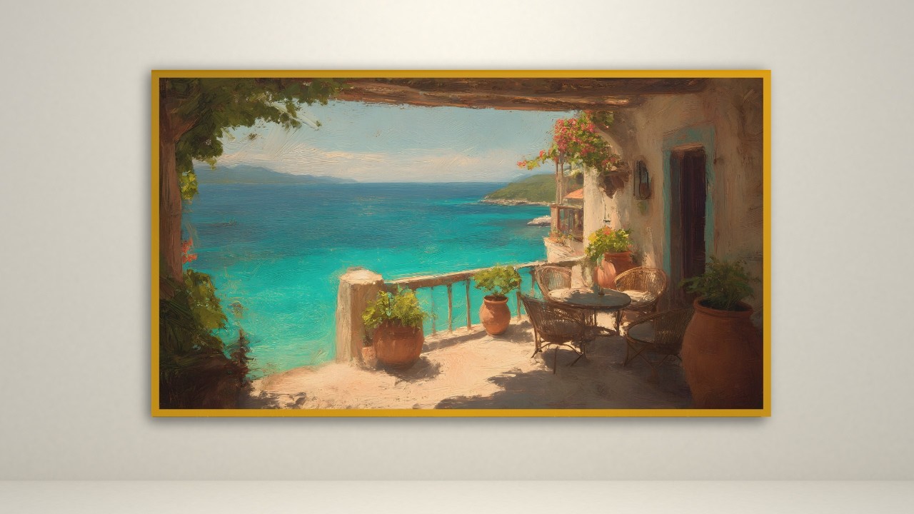 Mediterranean Seaside Balcony View 2H | Coastal Impressionist Art for TV screensaver