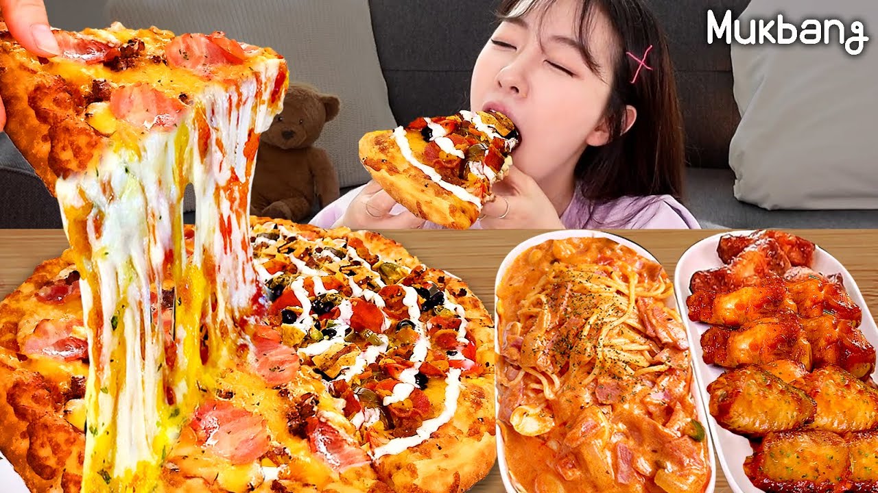 Bacon cheddar сыр пицца 🍕, тако пицца, розовая паста 🍝, специя курица🍗EATING SHOW REAL SOUND MUKBANG