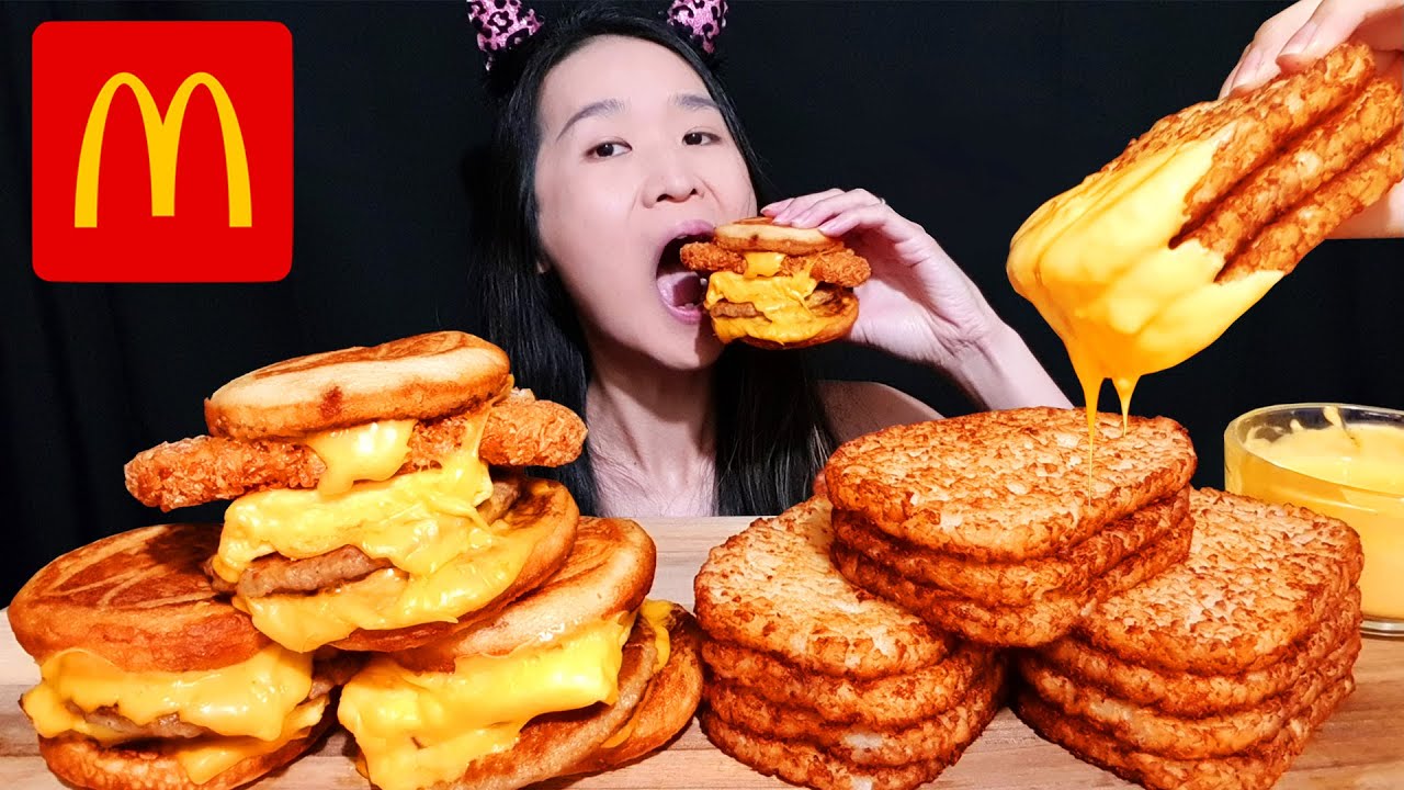 CHEESY MCDONALD'S BREAKFAST MUKBANG! Sausage McGriddles w/ Egg & Crispy Hash Browns Asmr Eating
