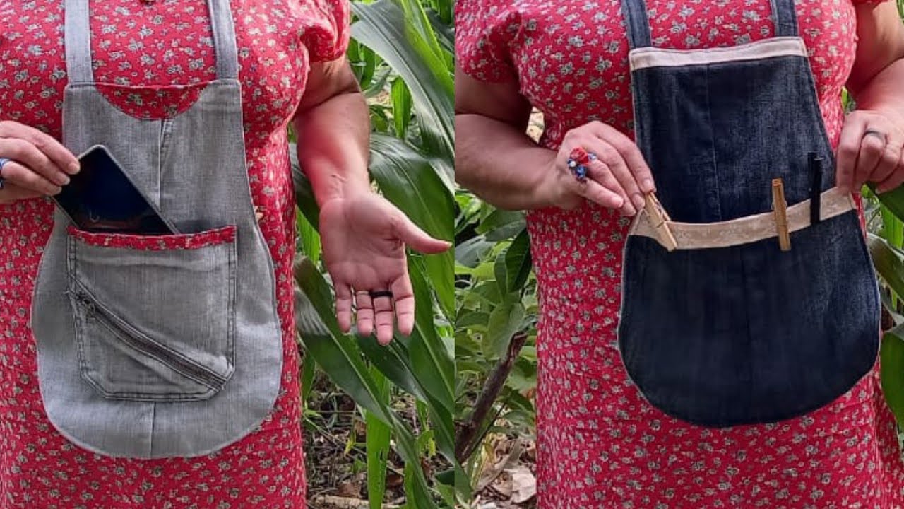 Porta pregador e porta celular na mesma peça, feito com perna de calça jeans.
