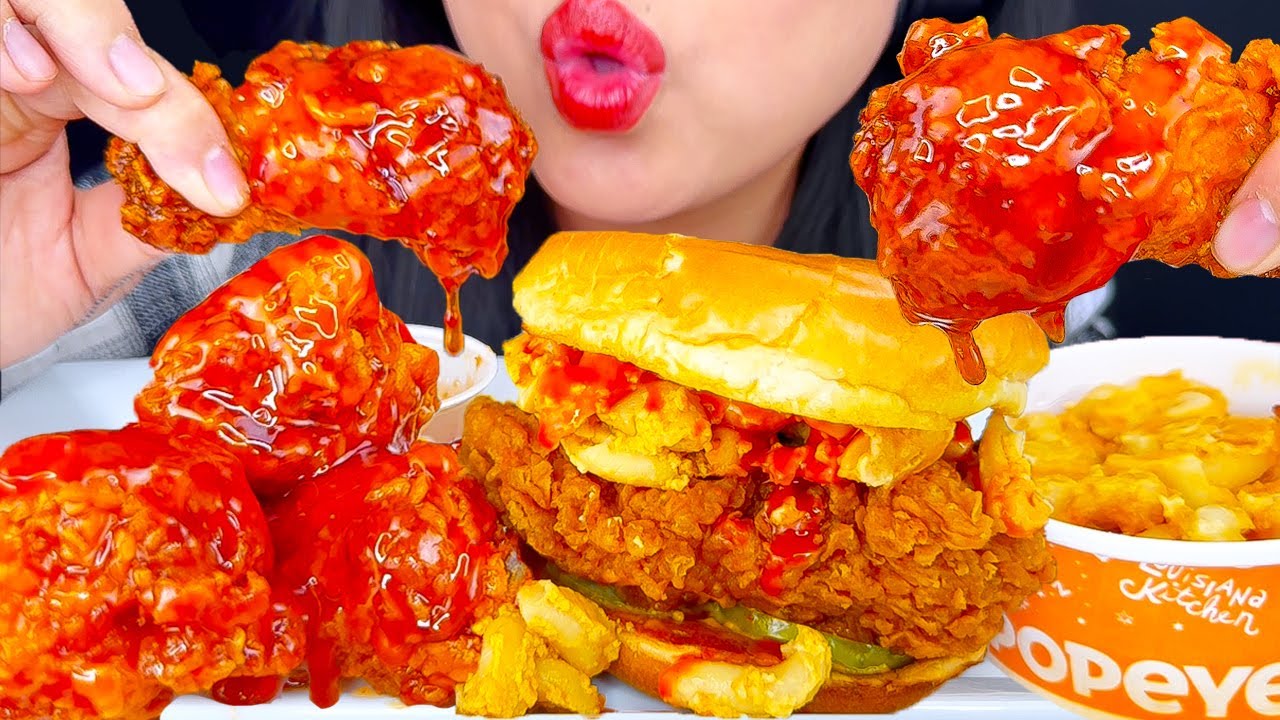 ASMR POPEYES FRIED CHICKEN Spicy Truff Sandwich + Spicy & Sweet Chicken Wings ASMR Phan