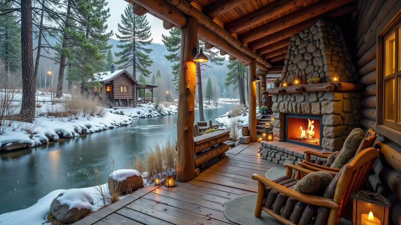 Cozy Riverside Cabin Porch 🌲 Gentle Piano, Campfire Ambience & Snowfall for Relaxing, Calm Mind