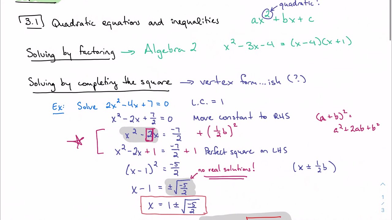 3.1, part 1: Solving quadratic equations (IB Math AA HL 1)