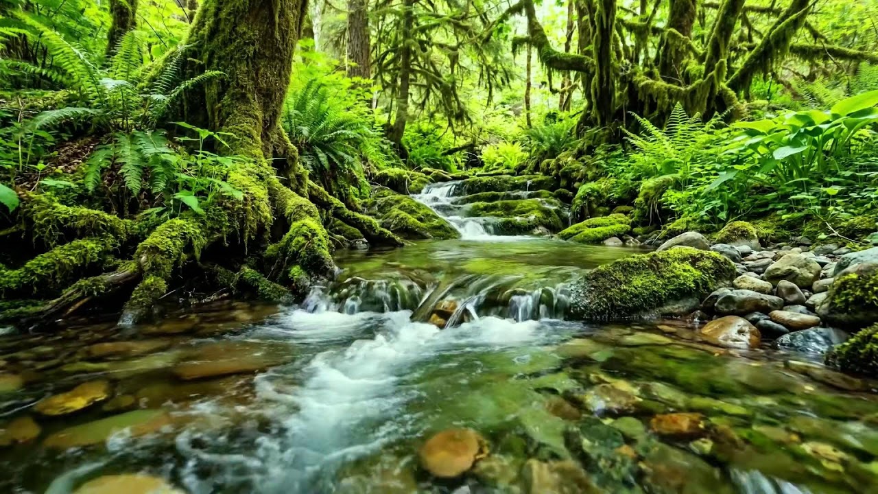 Gentle Stream Flowing in Green Forest, Birds Singing Softly, Ten Hours of White Noise for Sleep