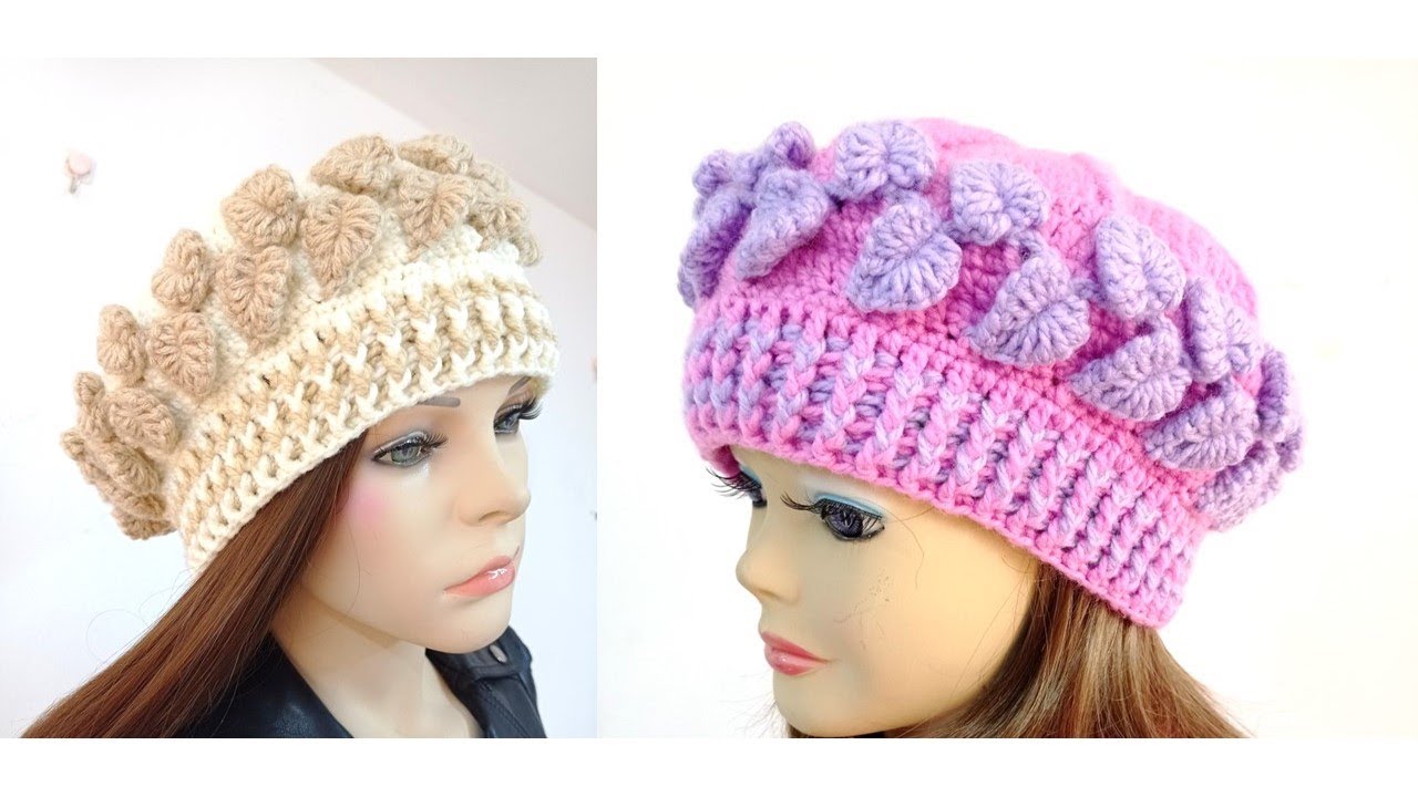 Como tejer la Boina N°45 a crochet o ganchillo en punto hojas en fila para damas y niñas paso a paso