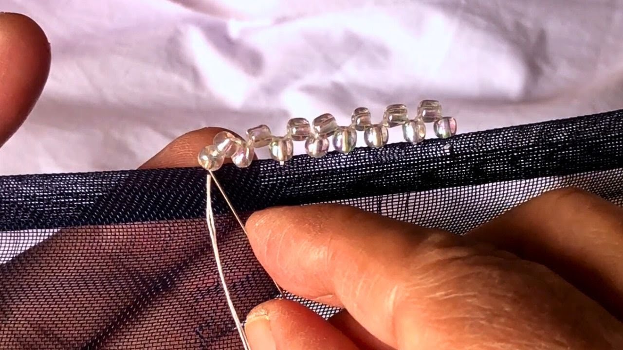 Making the boarder with white beads on a dress in an easy way #video #fyp   #satisfying
