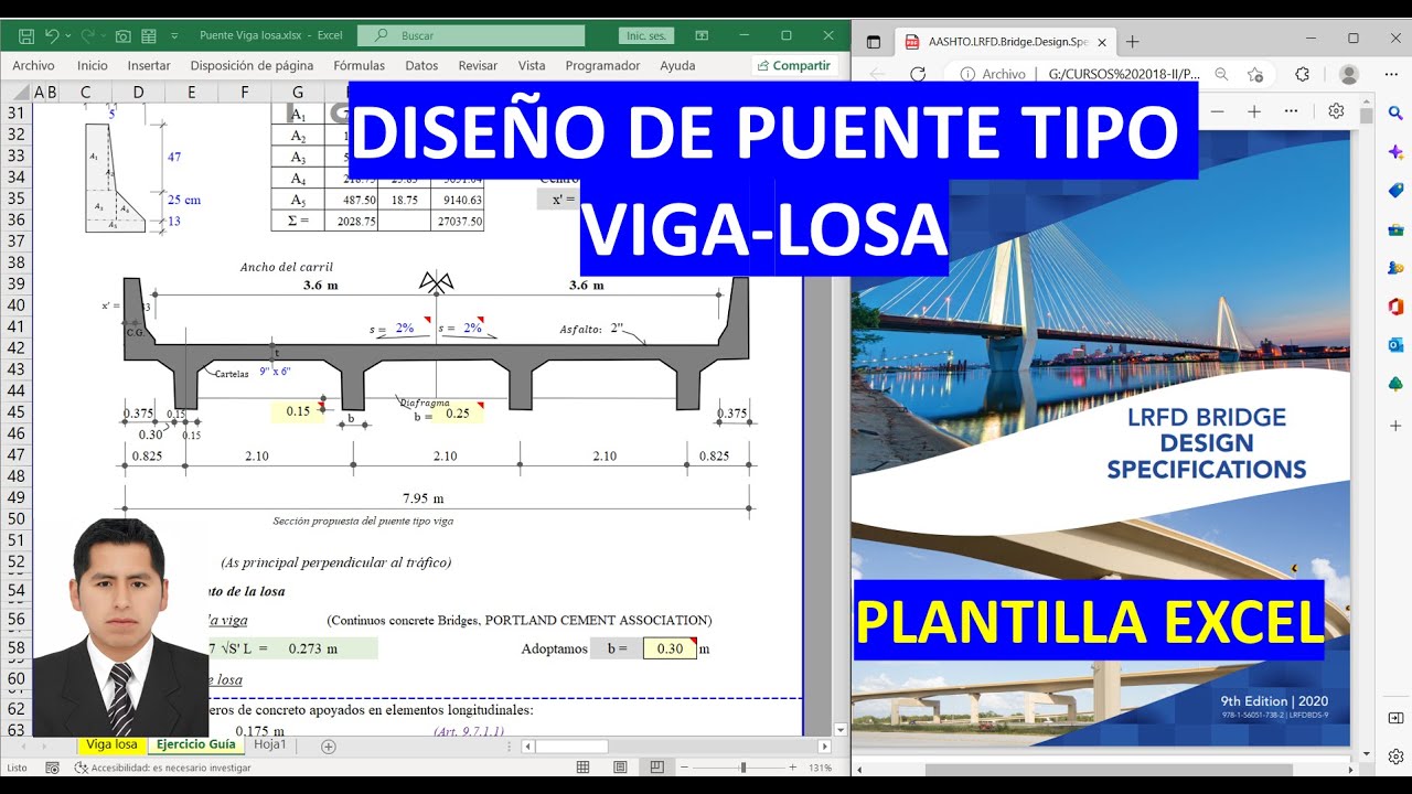 DISEÑO DE PUENTE TIPO VIGA LOSA CON AASHTO LRFD (plantilla excel profesional)