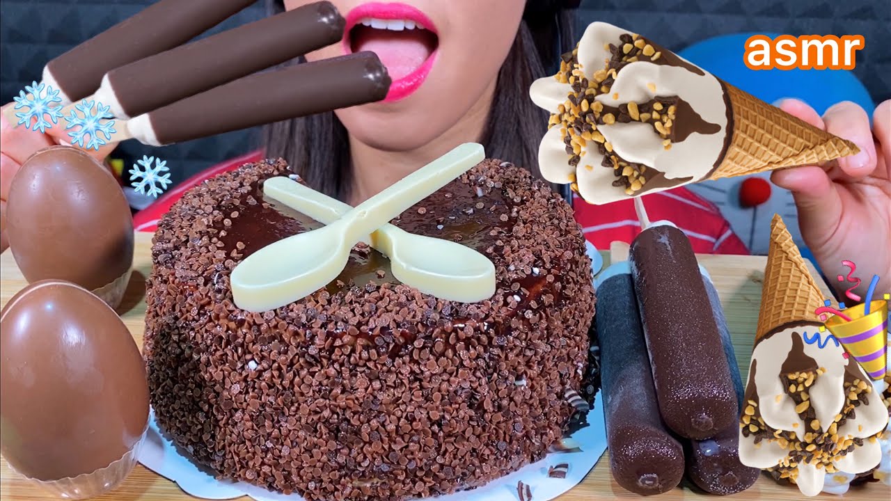 ASMR TRIPLE CHOCOLATE MOUSSE CAKE, ICE CREAM CONE, CHOCOLATE EGGS 먹방 Eating Sounds