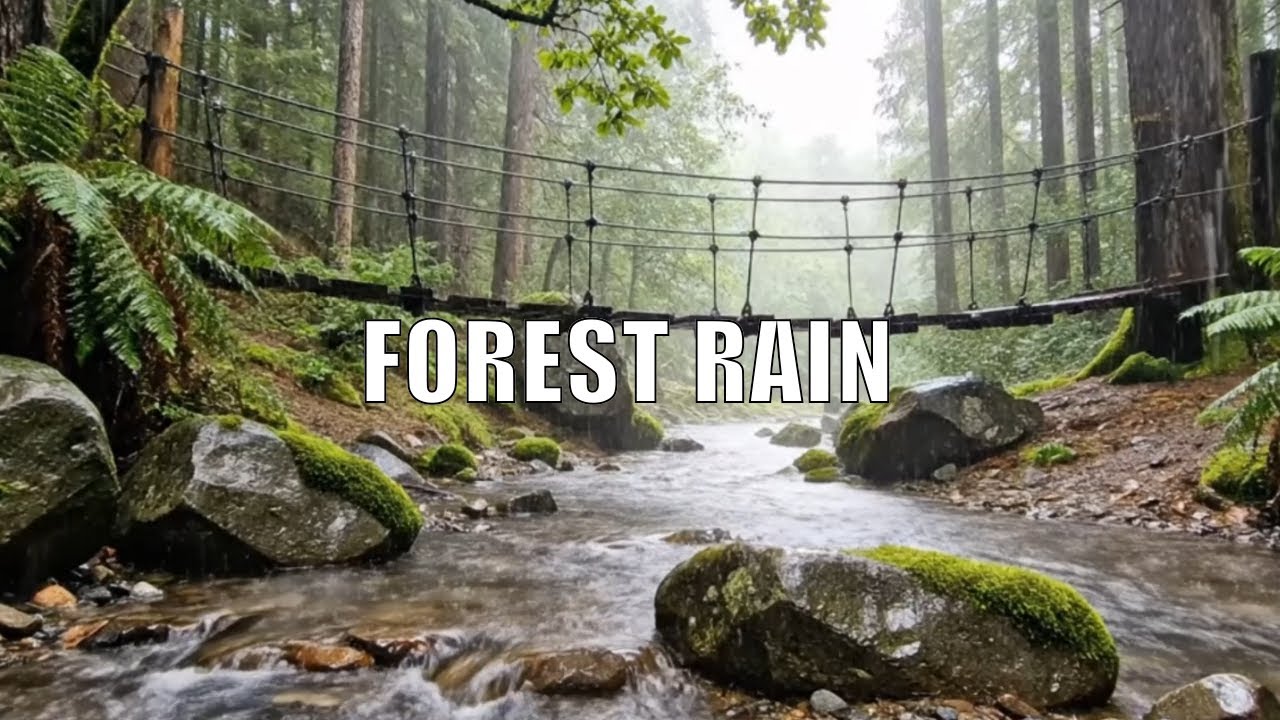Fall Asleep to Forest Rain — Rocky Stream & Rope Bridge Ambience (No Music)