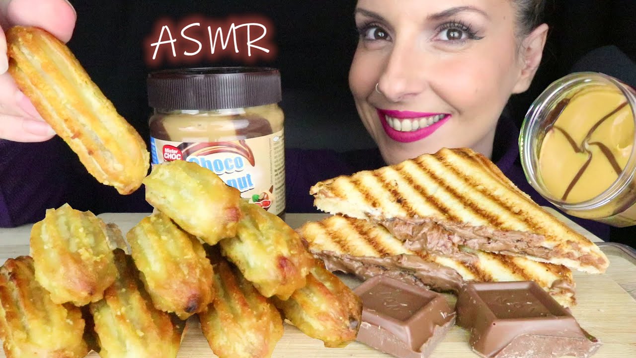 ASMR: CHOCOLATE STUFFED CHURROS, CHOCO PEANUT DUO & GRILLED CHOCOLATE 🍩 | No Talking Mukbang