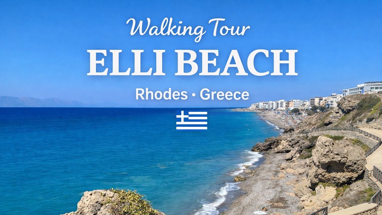 Elli Beach – Walking Tour | Rhodes, Greece | 4K