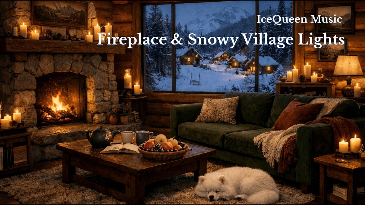Cozy Winter Cabin Night Ambience ❄️ Fireplace & Snowy Village Lights | Relaxing Sleep Background
