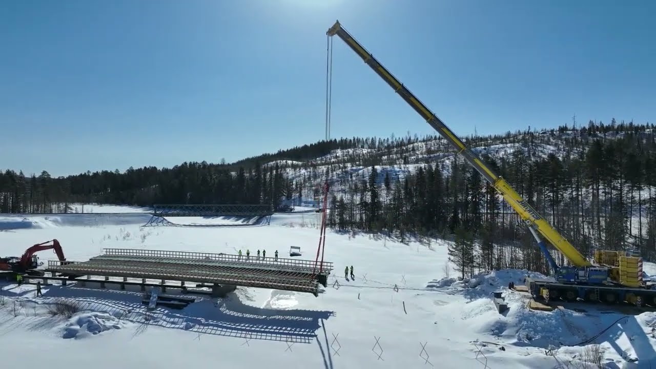 Ny bro över Kvällån vid Åsele på väg 90 – lansering av stålbalkar | Trafikverket