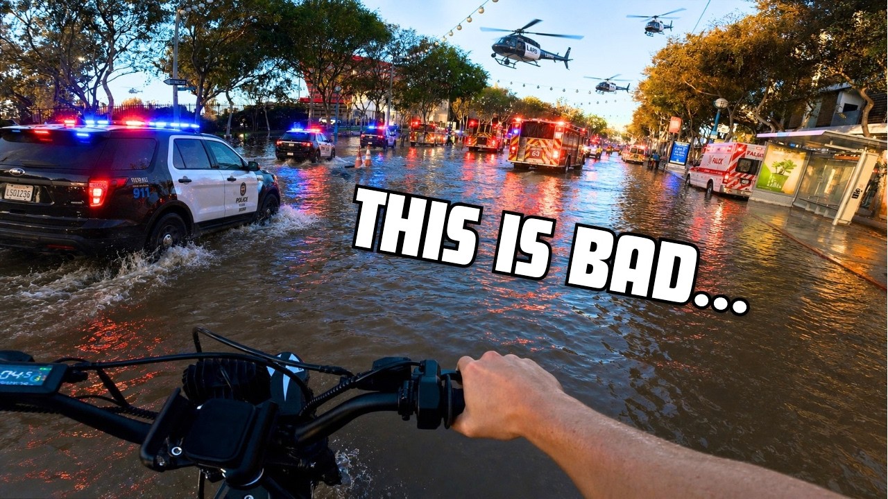 MASSIVE FLOOD IN LOS ANGELES (E-BIKE POV) - West Hollywood Sinkhole & Water Main Break