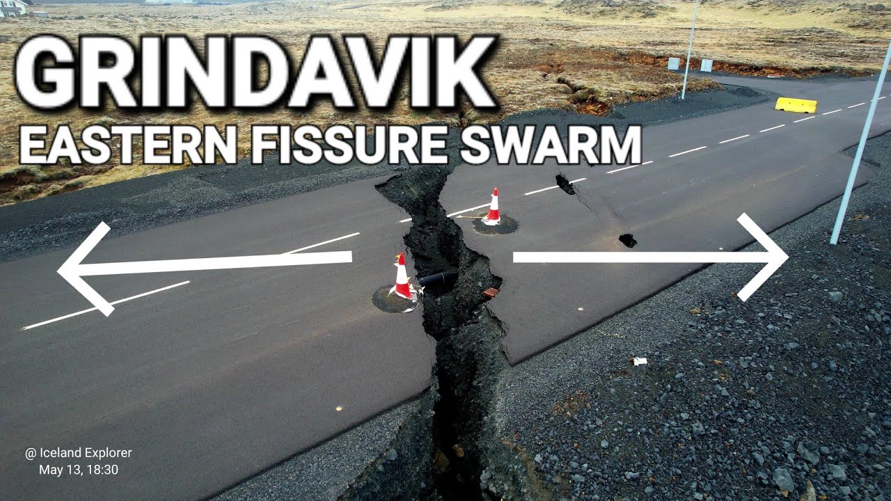 Grindavik: Eastern fissures swarm. Double defensive lava berms to the east of town. Drone 4K