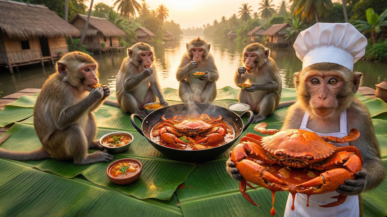 Monkey Chef Cooking Giant Spicy Crab Curry! 🦀 Amazing Village Seafood