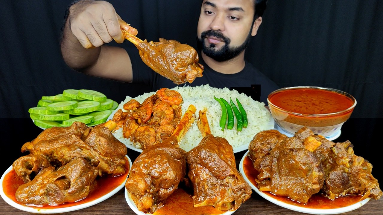 SPICY MUTTON CURRY, PRAWN CURRY, MUTTON LEG PIECE, SALAD, ONION MUKBANG ASMR EATING SHOW | BIG BITES