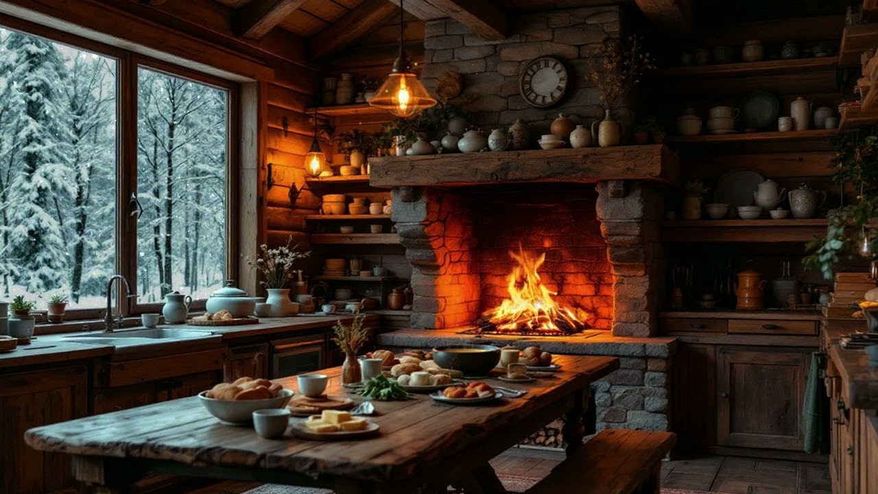 Warm Hearth Kitchen 🔥 | Winter Day Ambience with Crackling Fire & Feast on the Table