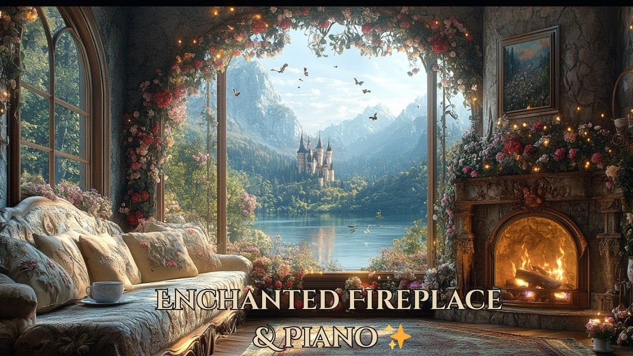 Relaxing Piano & Fireplace Ambience | Castle View, Fairytale Aesthetic, Cozy Spring Light