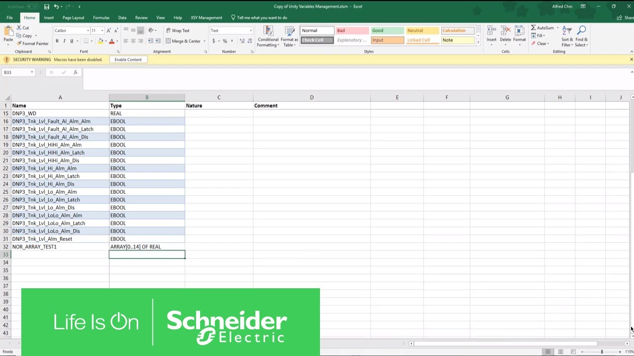 How to Create Alias Array Variables Using the Unity Excel Tool | Schneider Electric Support
